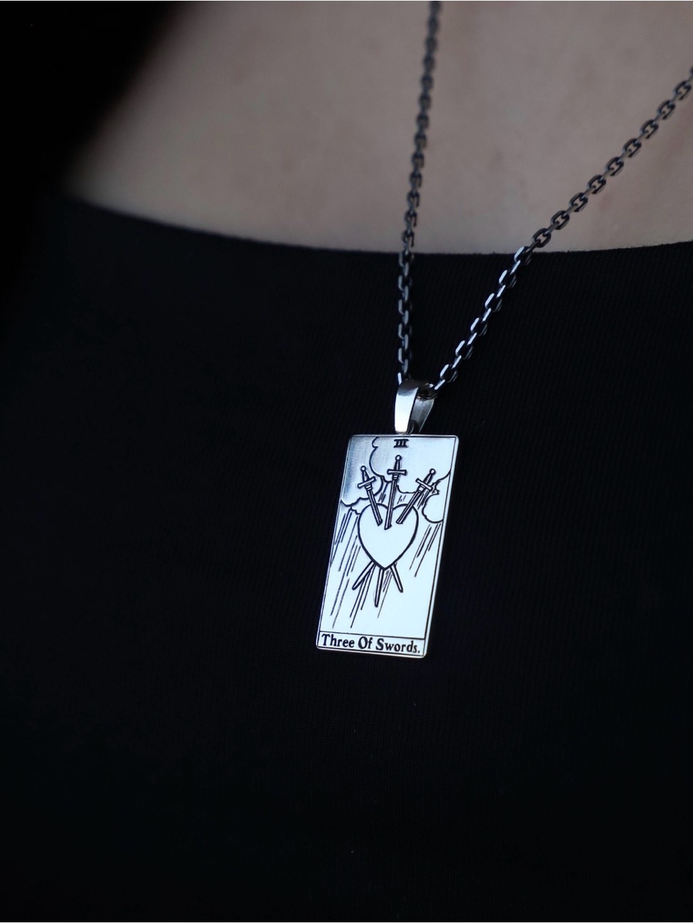 Silver Tarot Three Of Swords Necklace, 925K Sterling Silver